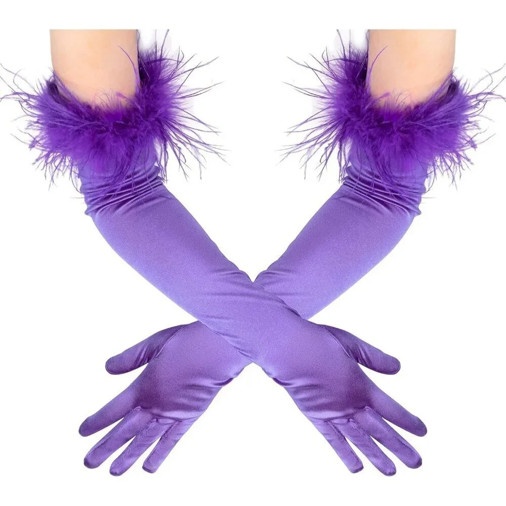 Women's Evening Purple Feather Long Satin Gloves Stretchy Halloween Costume